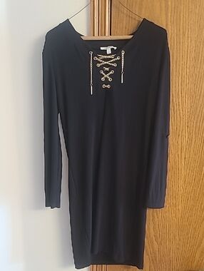 Spense Black Long-Sleeve Lace-Up Dress with Gold Accents